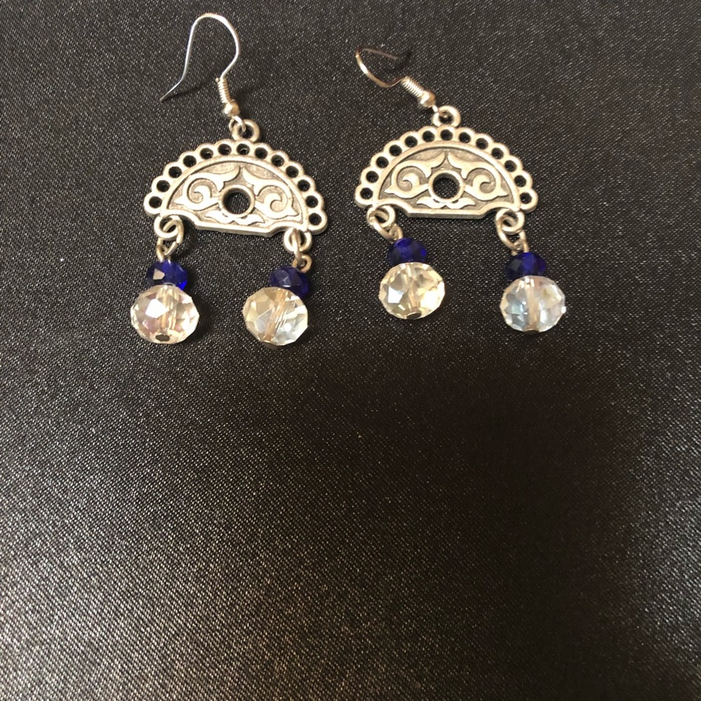 Silver tone blue bead earrings